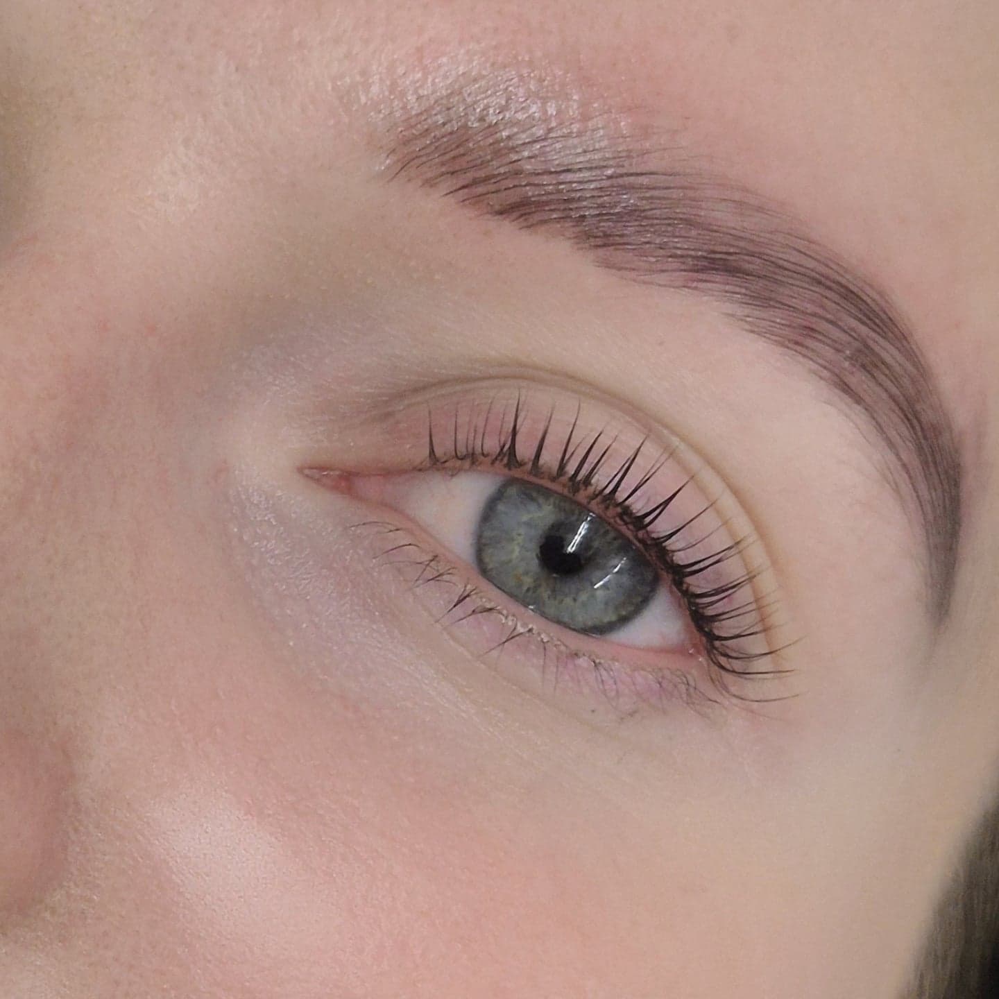 Lash lift on a soft grey blue eye with laminated brow