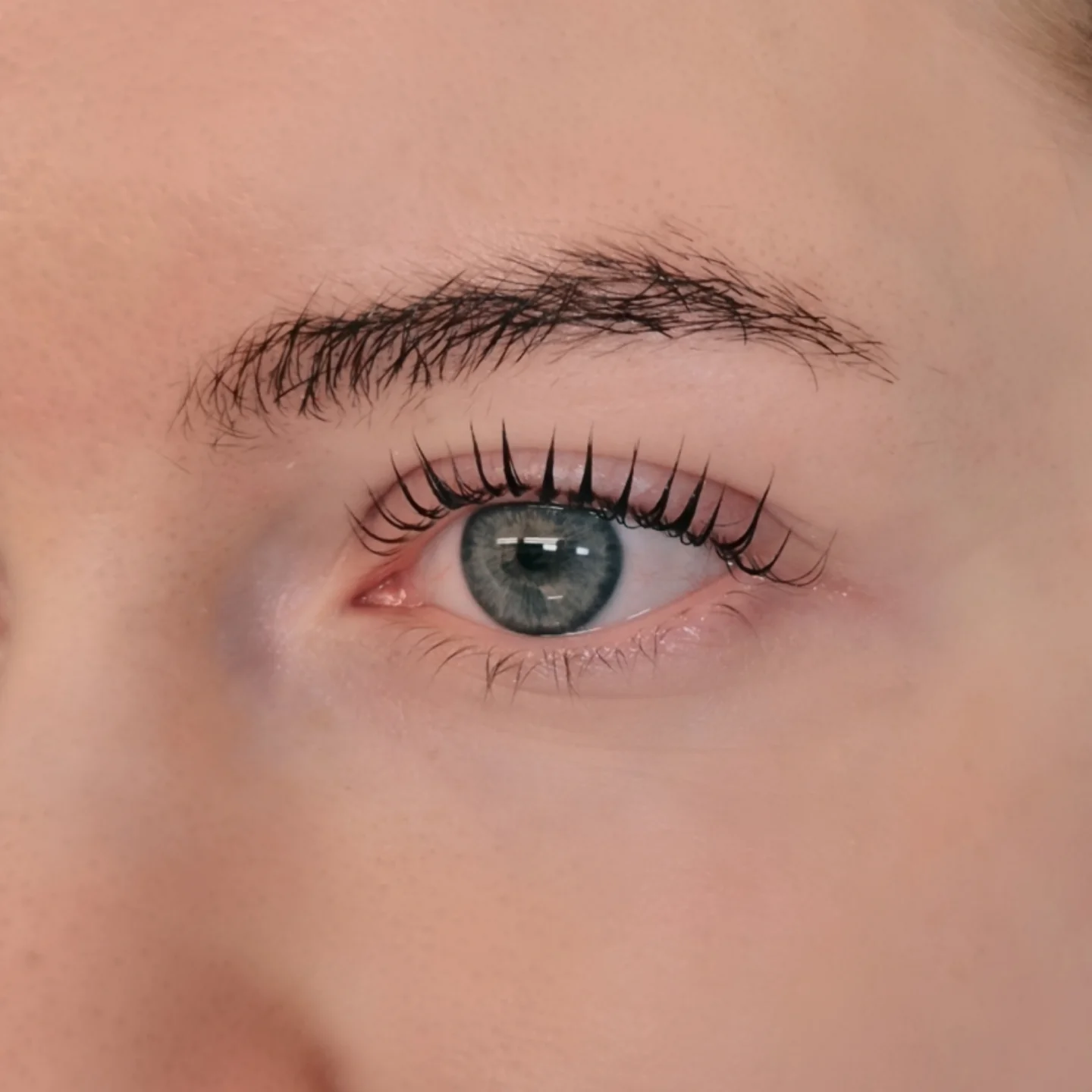 Clean natural lash lift on a blue eye